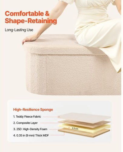 Stool For Living Room Bed Collapsible With Storage Space Upholstered with Fabric Beige
