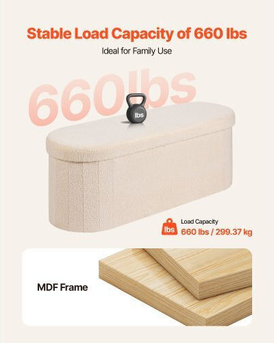 Stool For Living Room Bed Collapsible With Storage Space Upholstered with Fabric Beige