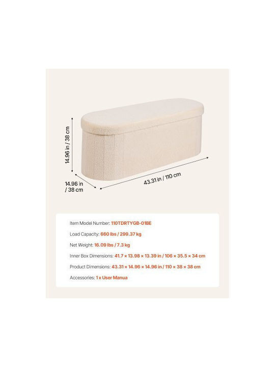 Stool For Living Room Bed Collapsible With Storage Space Upholstered with Fabric Beige