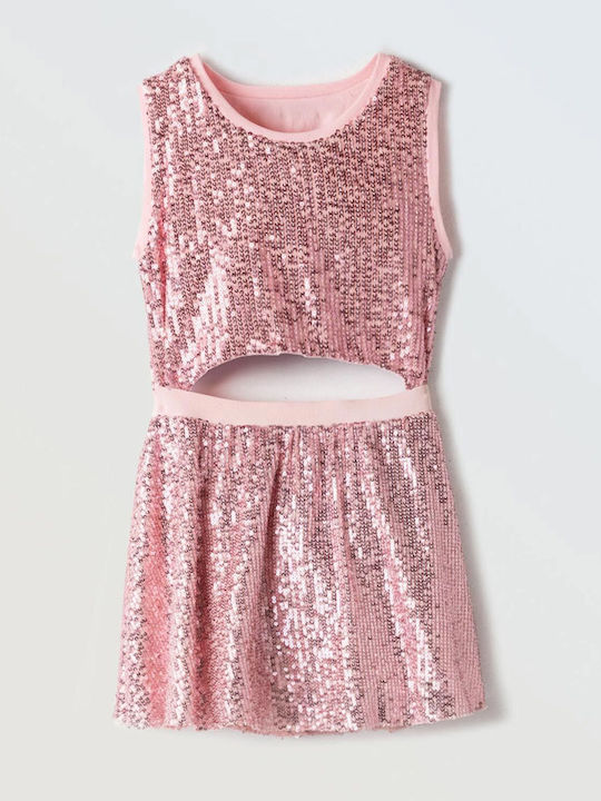 Girls Sleeveless Dress with Sequins Set with Top and Accessories Pink
