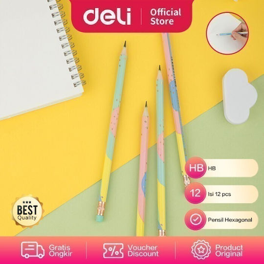 Deli Macaron 231. Set de 6 Creioane HB cu Radieră