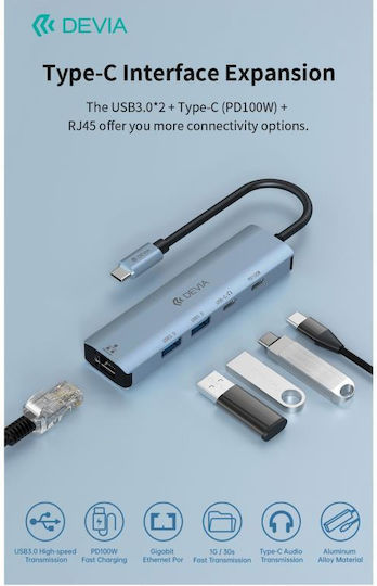 Devia Ec701 Хъб 4 порта с връзка USB-C / Ethernet Сив
