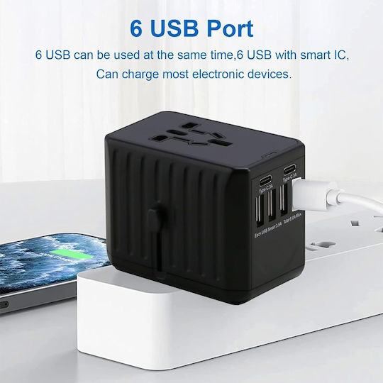 Универсално Пътно Зарядно Jup Beiaosu *11143-66 8865-18 4 Usb + 2 Usb Type C 150+ Държави Us Eu Uk Au Черен 7 X 5.5 См