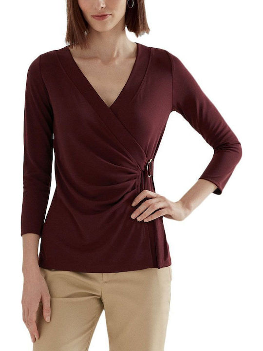 Women's Blouse Long Sleeve with V Neckline Burgundy