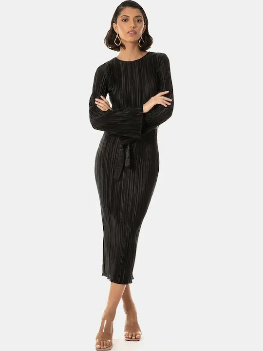 Rochie Plisată Midi Mânecă Lungă Cu Centură Neagră Mărimea L