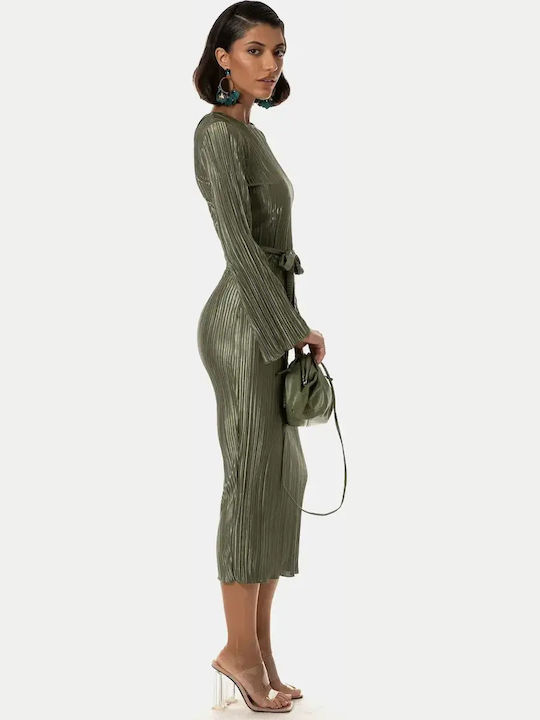 Rochie Plisată Midi Mânecă Lungă Cu Centură Kaki Mărimea S