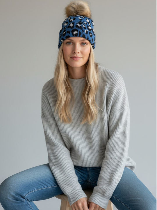 Pom Pom Beanie Beanie Knitted in Blue color