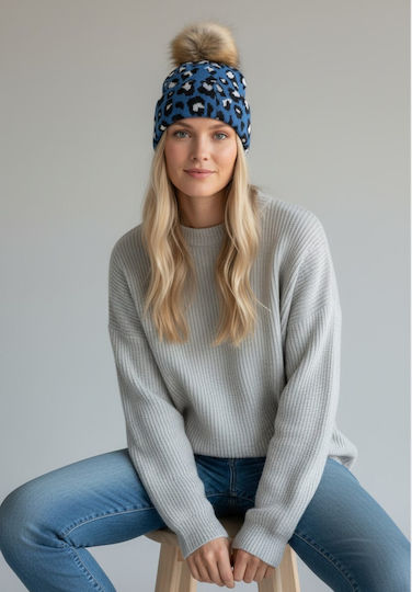 Pom Pom Beanie Γυναικείος Σκούφος Πλεκτός σε Μπλε χρώμα