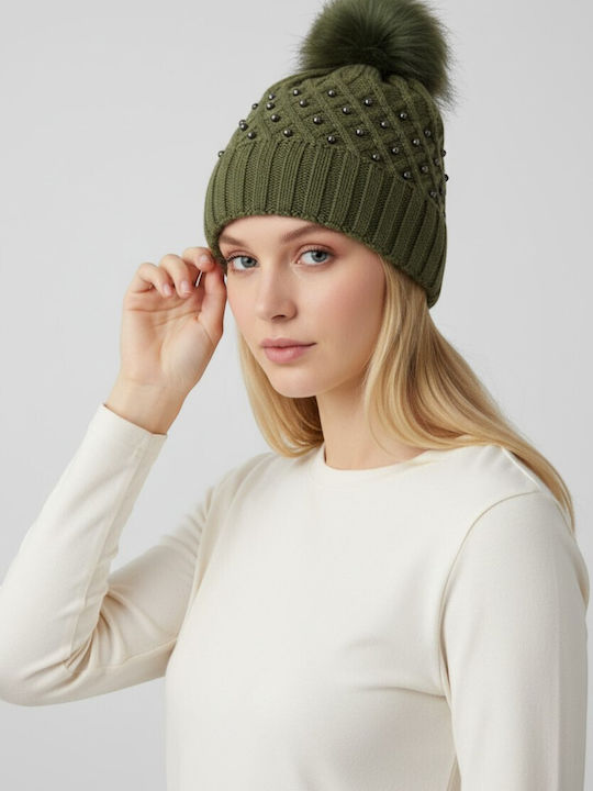 Pom Pom Beanie Beanie Knitted in Khaki color