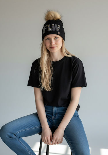 Pom Pom Beanie Γυναικείος Σκούφος Πλεκτός σε Μαύρο χρώμα
