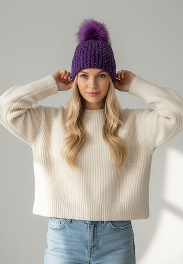 Pom Pom Beanie Beanie Knitted in Purple color