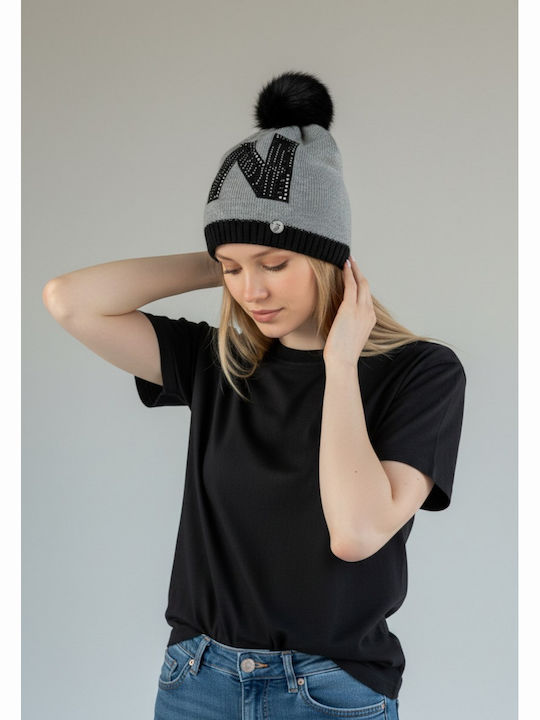 Pom Pom Beanie Γυναικείος Σκούφος Πλεκτός σε Γκρι χρώμα
