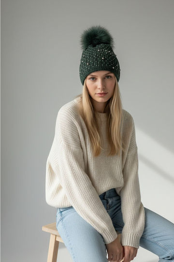 Pom Pom Beanie Beanie Knitted in Khaki color