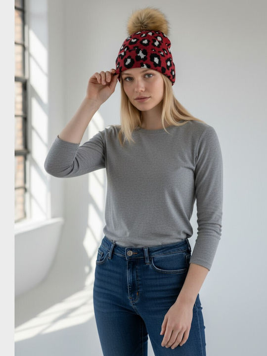 Pom Pom Beanie Γυναικείος Σκούφος Πλεκτός σε Κόκκινο χρώμα