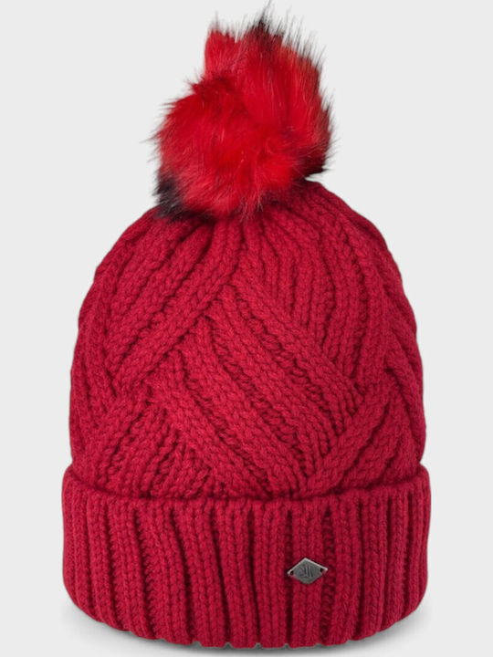 Pom Pom Beanie Γυναικείος Σκούφος Πλεκτός σε Κόκκινο χρώμα