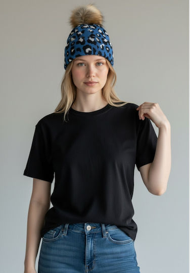 Pom Pom Beanie Γυναικείος Σκούφος Πλεκτός σε Μπλε χρώμα