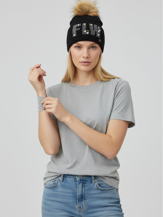 Pom Pom Beanie Beanie Knitted in Black color