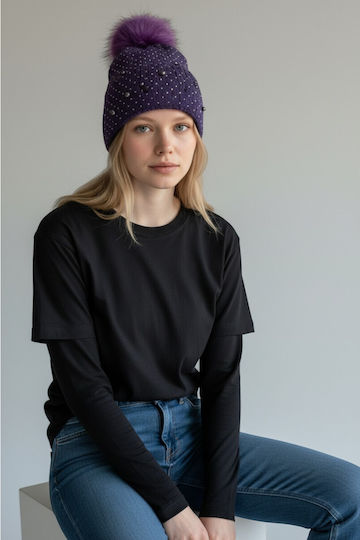 Pom Pom Beanie Beanie Knitted in Purple color