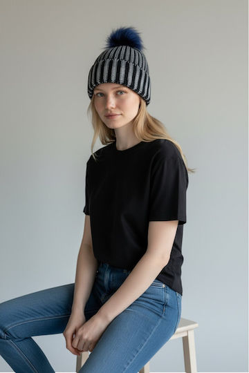 Pom Pom Beanie Γυναικείος Σκούφος Πλεκτός σε Μπλε χρώμα