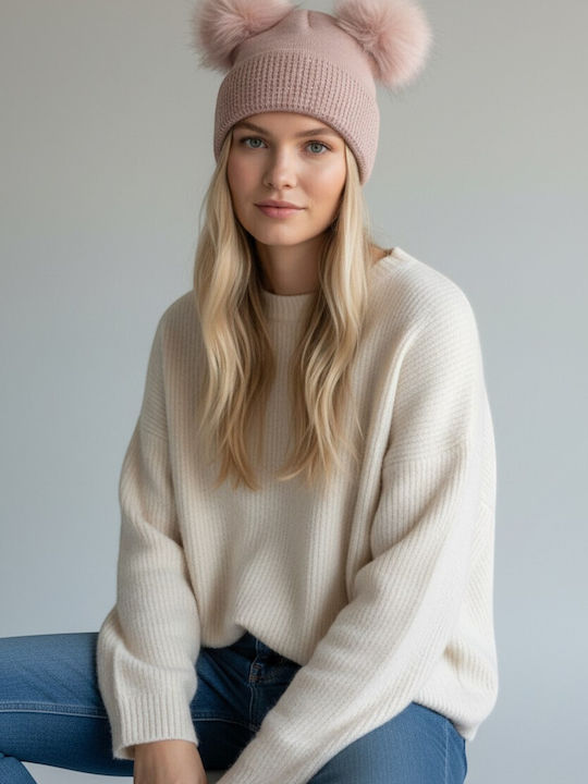 Pom Pom Beanie Beanie Knitted in Pink color
