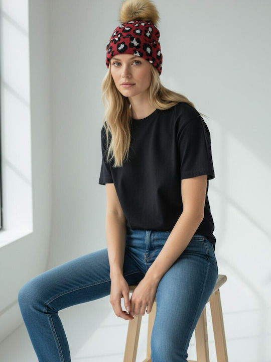 Pom Pom Beanie Γυναικείος Σκούφος Πλεκτός σε Κόκκινο χρώμα