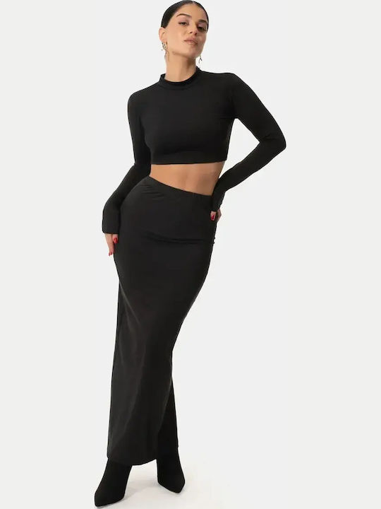 Set Maxi Damenrock Langärmeliges Crop Top Schwarz Größe One Size