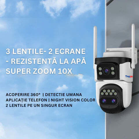 Cameră de Supraveghere 4G 9MP 3 Obiective Zoom 10x Rezistentă la Apă Acoperire Vizuală 360°