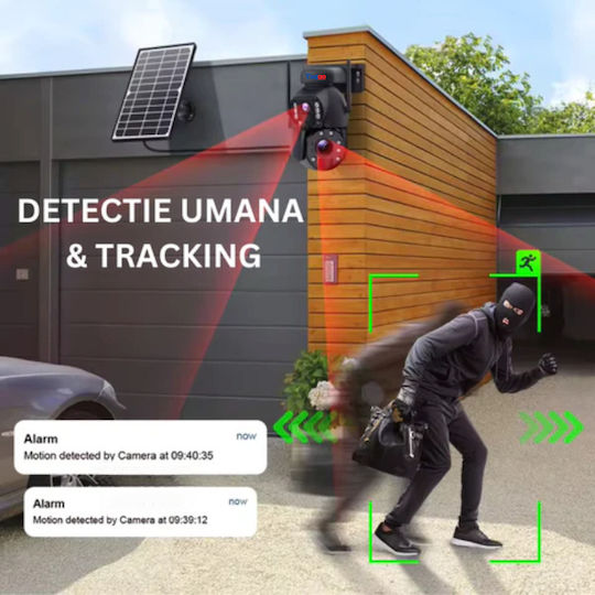 Cameră Supraveghere Wifi 4K Ultra HD Zoom 50x Cameră Dublă Încărcare Solară Rotire Controlată prin Aplicație Impermeabilă IP66