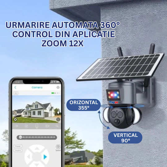 Cameră Supraveghere 4K HD Wi-Fi Cu Dublu Obiectiv Zoom 12x Încărcare Solară Rotire Controlată Prin Aplicație Rezistentă La Apă IP66