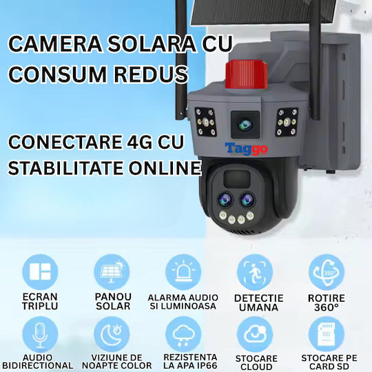 Cameră de Supraveghere Solară 4G 12MP Trei Lentile Zoom 10x Impermeabilă IP66