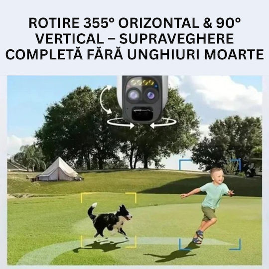 Cameră de Supraveghere 4G 4K Ultra HD de Exterior Cameră Dublă 4MP+4MP Zoom Optic 10x Încărcare Solară Rotire Controlată prin Aplicație Impermeabilă IP66