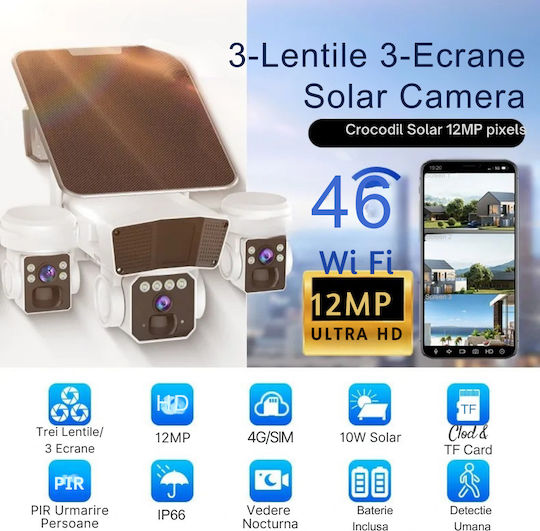 Cameră Crocodil 4G Solară cu Mai Multe Lentile 12MP Panou Solar 10W Stocare Cloud SD IP66 Rezistentă la Apă Urmărire Persoană