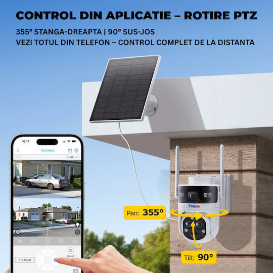 Cameră Supraveghere Taggo Conexiune Wi-Fi Rezoluție 6mp Zoom 15x Încărcare Solară Exterior 3 Lentile Vedere Nocturnă