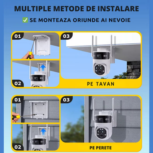 Cameră Supraveghere Taggo Conexiune Wi-Fi Rezoluție 6mp Zoom 15x Încărcare Solară Exterior 3 Lentile Vedere Nocturnă