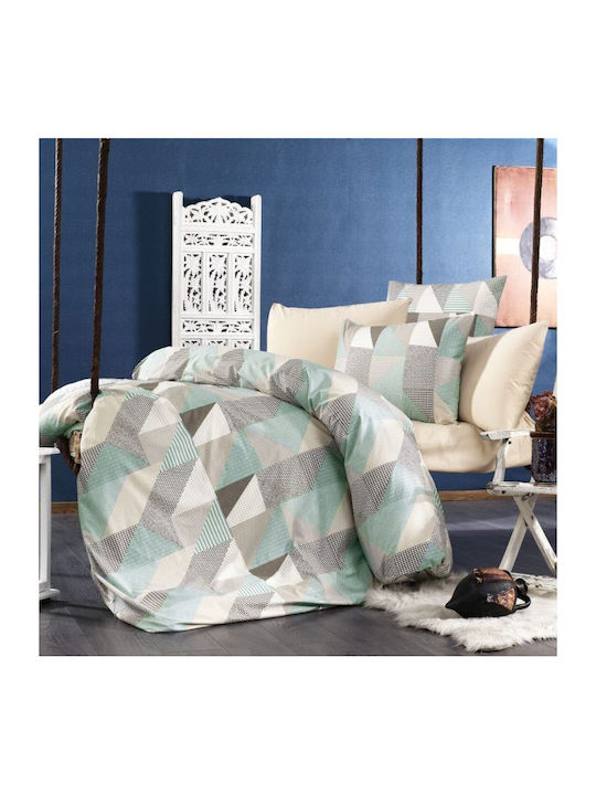Dimcol Geometrical Super-Double Bed Sheets Set 220x240cm 330 Green-Beige 4 Pieces