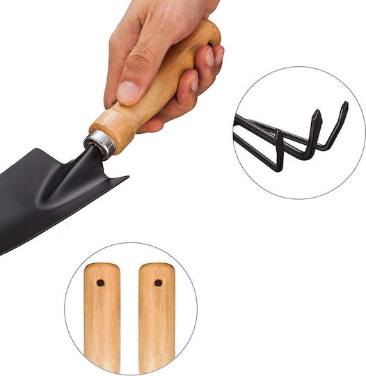 Set of 3 Mini Garden Tools Wooden Handle Shovel Fork & Rake for Pots & Bonsai