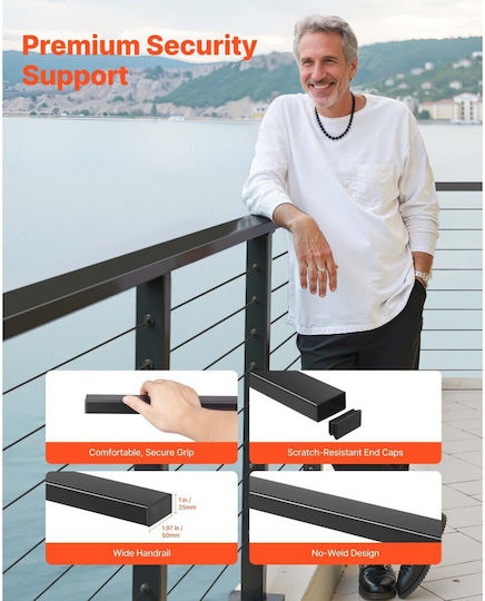 Vevor Pack Of 4 Pieces Stainless Steel 198 Cm Rectangular Stair Handrail For Outdoor Indoor Spaces Matte Black Coating Adjustable Metal Stair Rail Cable Railing Kit Cap