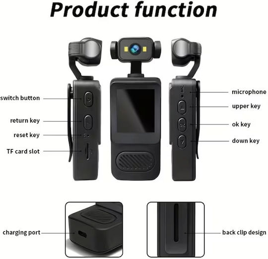 ROZA TC56 Action Camera Full HD (1080p) 360° Capture with Screen Black