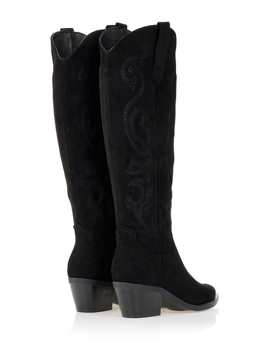 Suede Medium Heel Cowboy Boots with Zipper Black