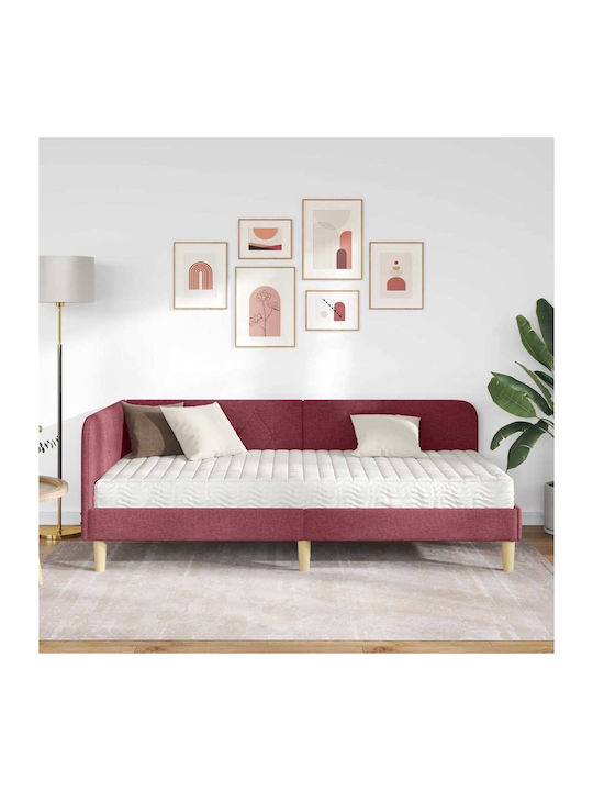Canapea Pat Single Tapitat cu Material Roșu cu Plăci pentru Saltea 90x200cm