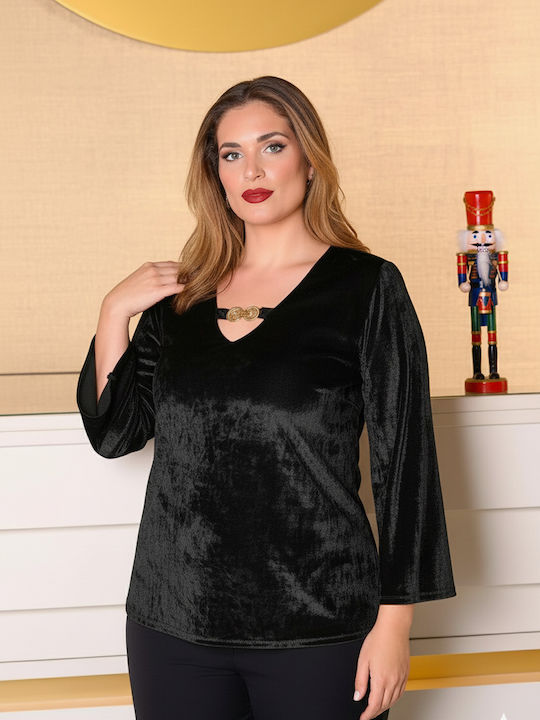 Damen Bluse Samt mit 3/4 Ärmel & V-Ausschnitt Black
