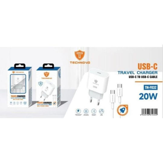 Technovo с USB-C порт и кабел USB-C - USB-C 20W Бял (TN-F032)