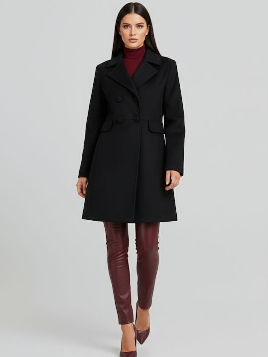 Women's Black Peacoat with Buttons