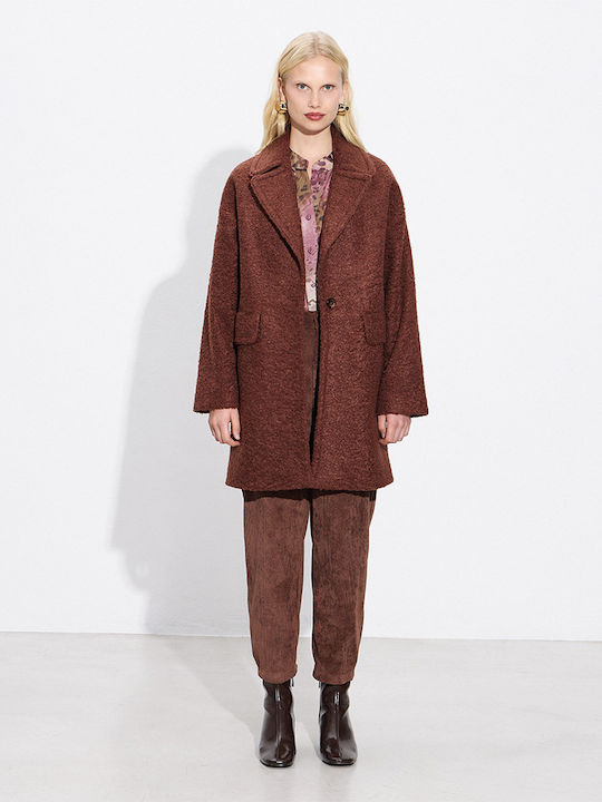 Curly Women's Brown Peacoat with Buttons