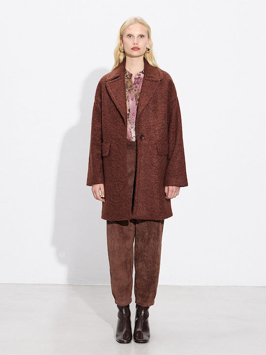 Curly Women's Brown Peacoat with Buttons