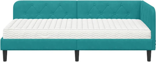 Canapea Pat Single Tapitată cu Catifea Turcoaz cu Plăci și Saltea 90x190cm