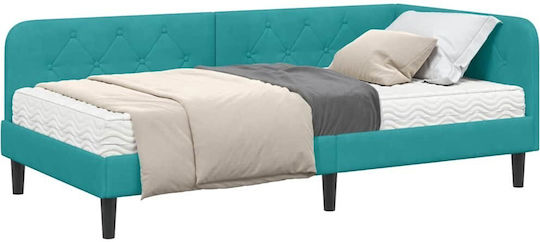 Canapea Pat Single Tapitată cu Catifea Turcoaz cu Plăci și Saltea 90x190cm