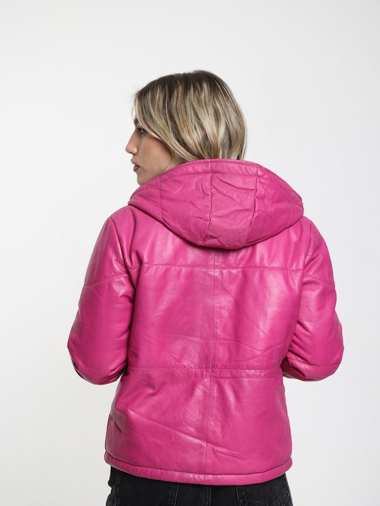Women's Lifestyle Leather Jacket for Winter with Hood Black