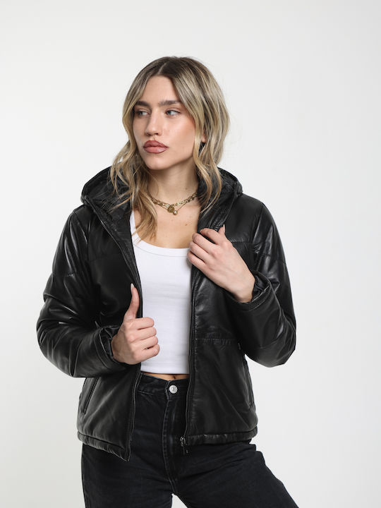 Women's Lifestyle Leather Jacket for Winter with Hood Black