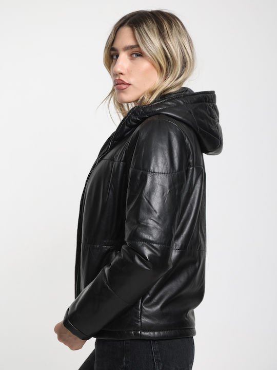 Women's Lifestyle Leather Jacket for Winter with Hood Black